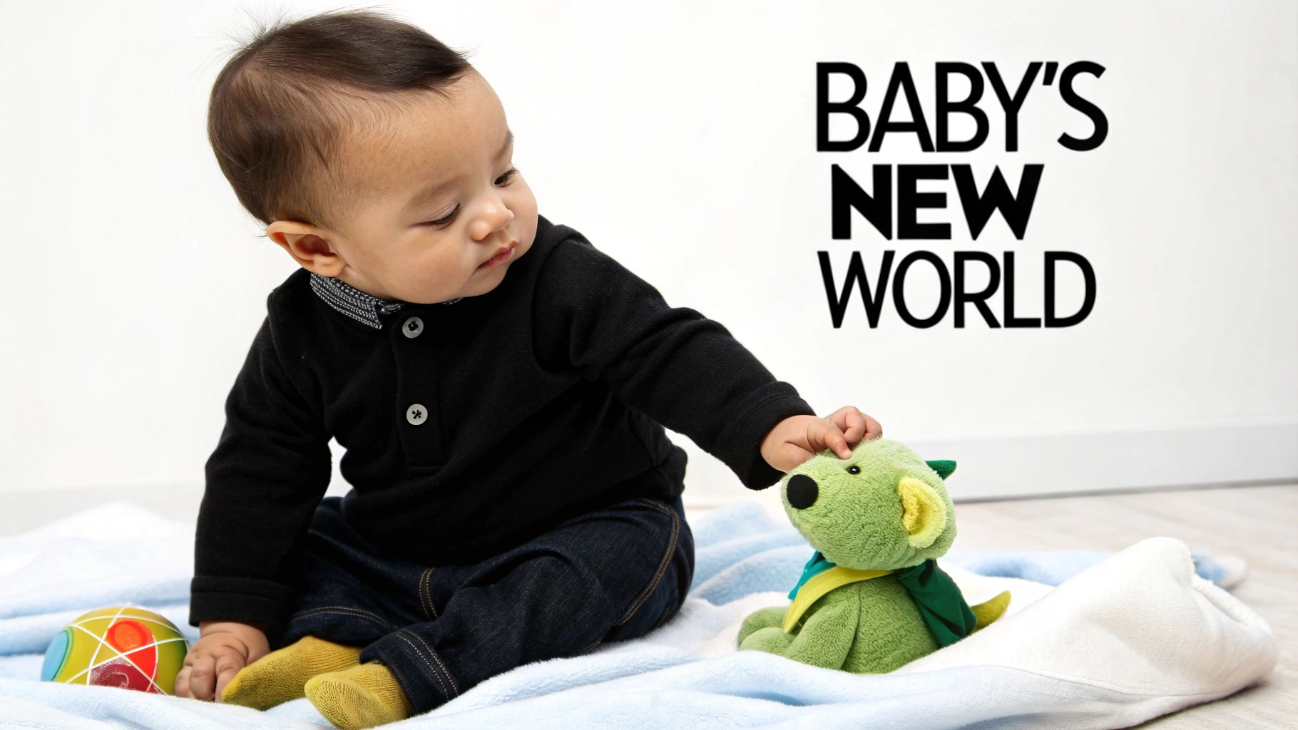 A happy 6-month-old baby playing with colorful developmental toys on a playmat.