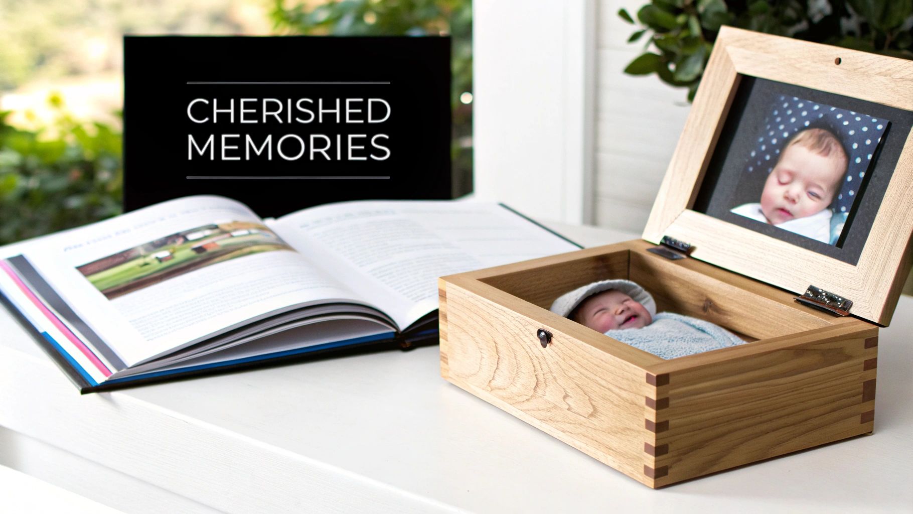 A wooden keepsake box with a sleeping baby, a framed baby photo, and an open book.