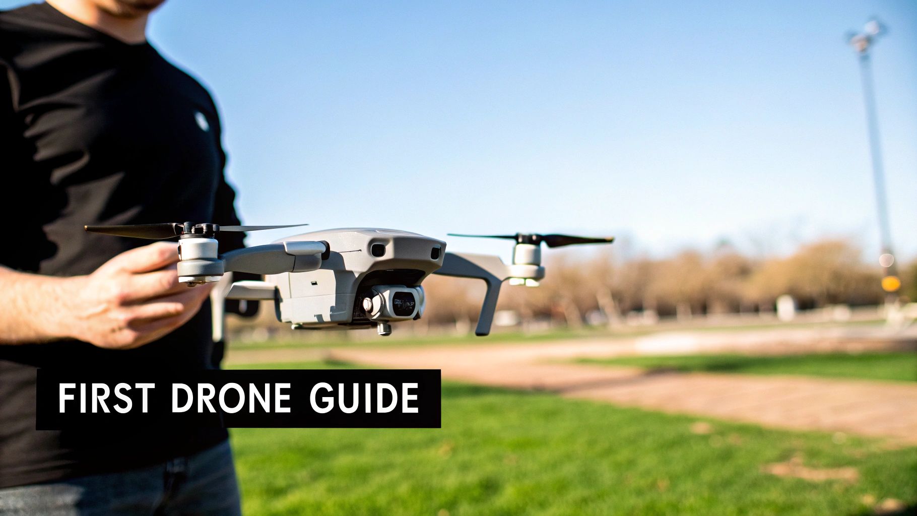 A person holding a gray drone outdoors with green grass and a clear blue sky.