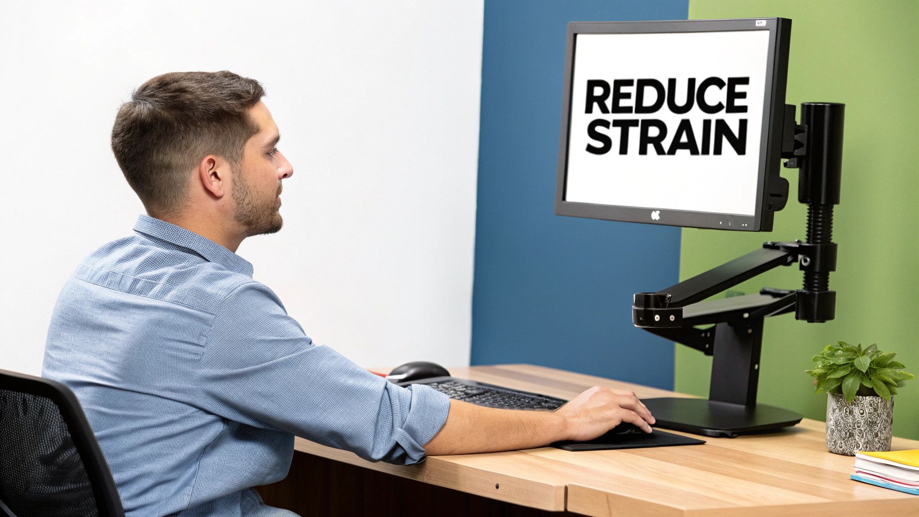 An office worker experiencing back pain while sitting at a desk