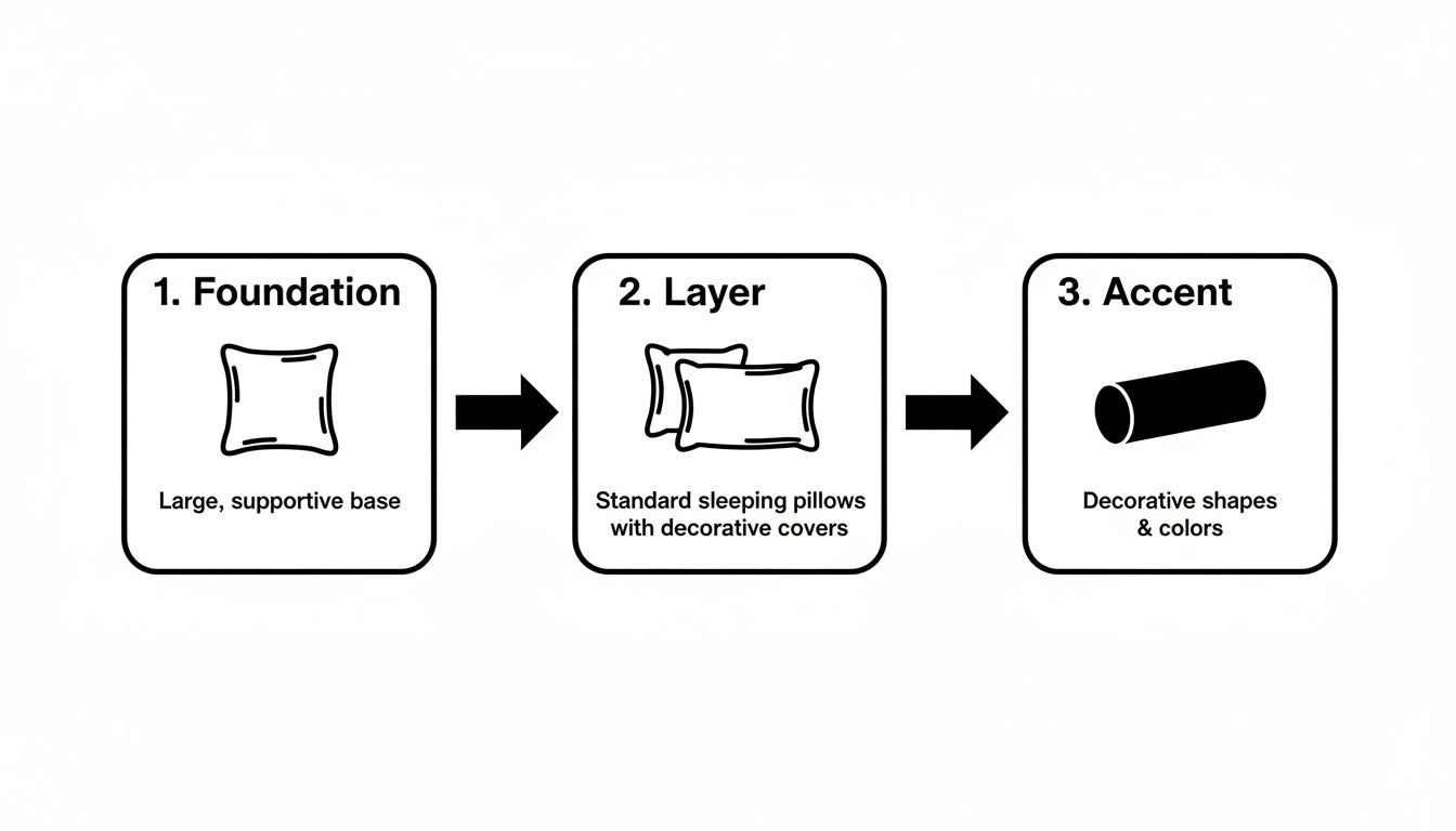Diagram illustrating a 3-step process for arranging bed pillows: Foundation, Layer, and Accent.