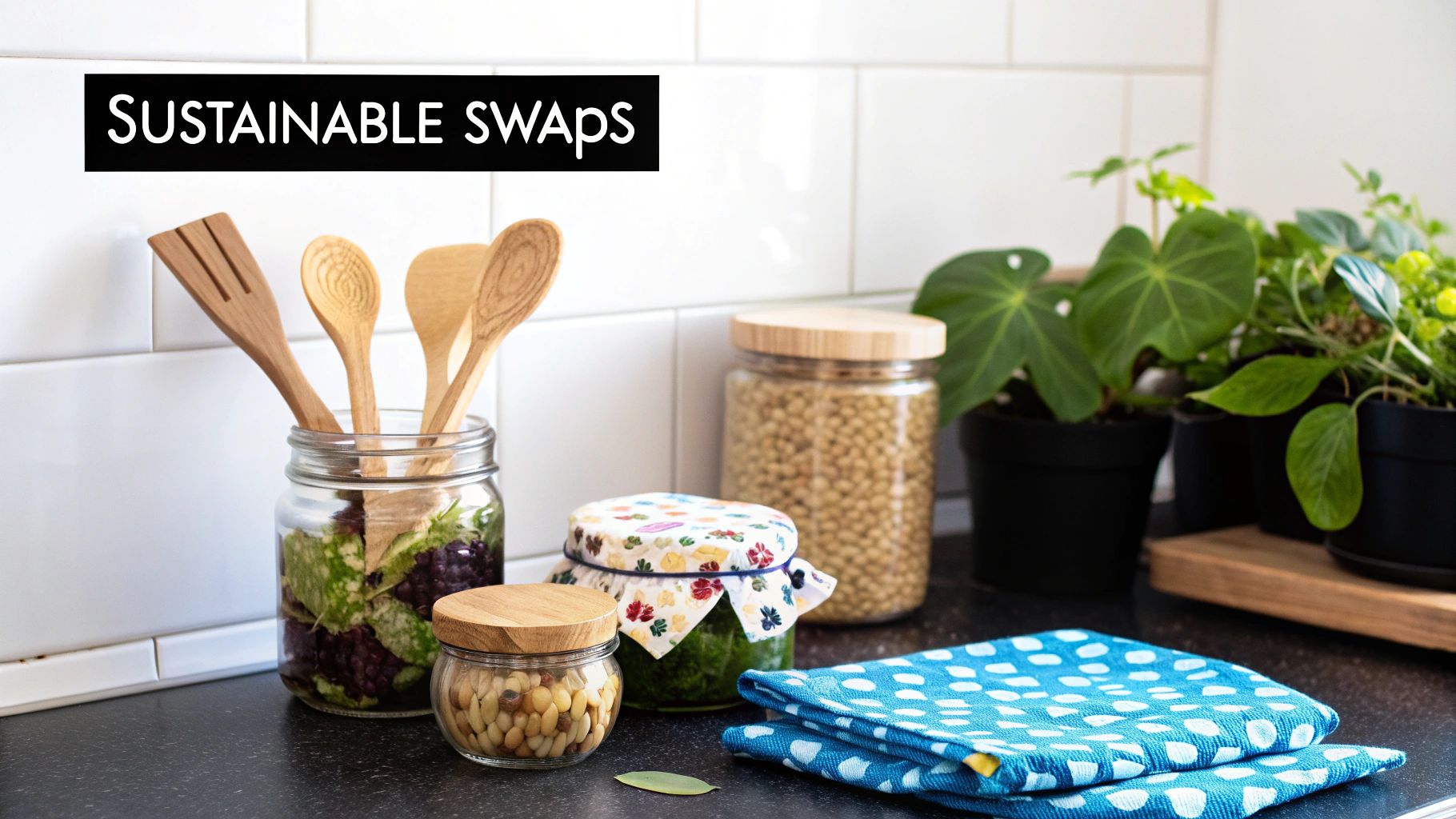 An organized kitchen featuring several sustainable products like reusable containers and wooden utensils.