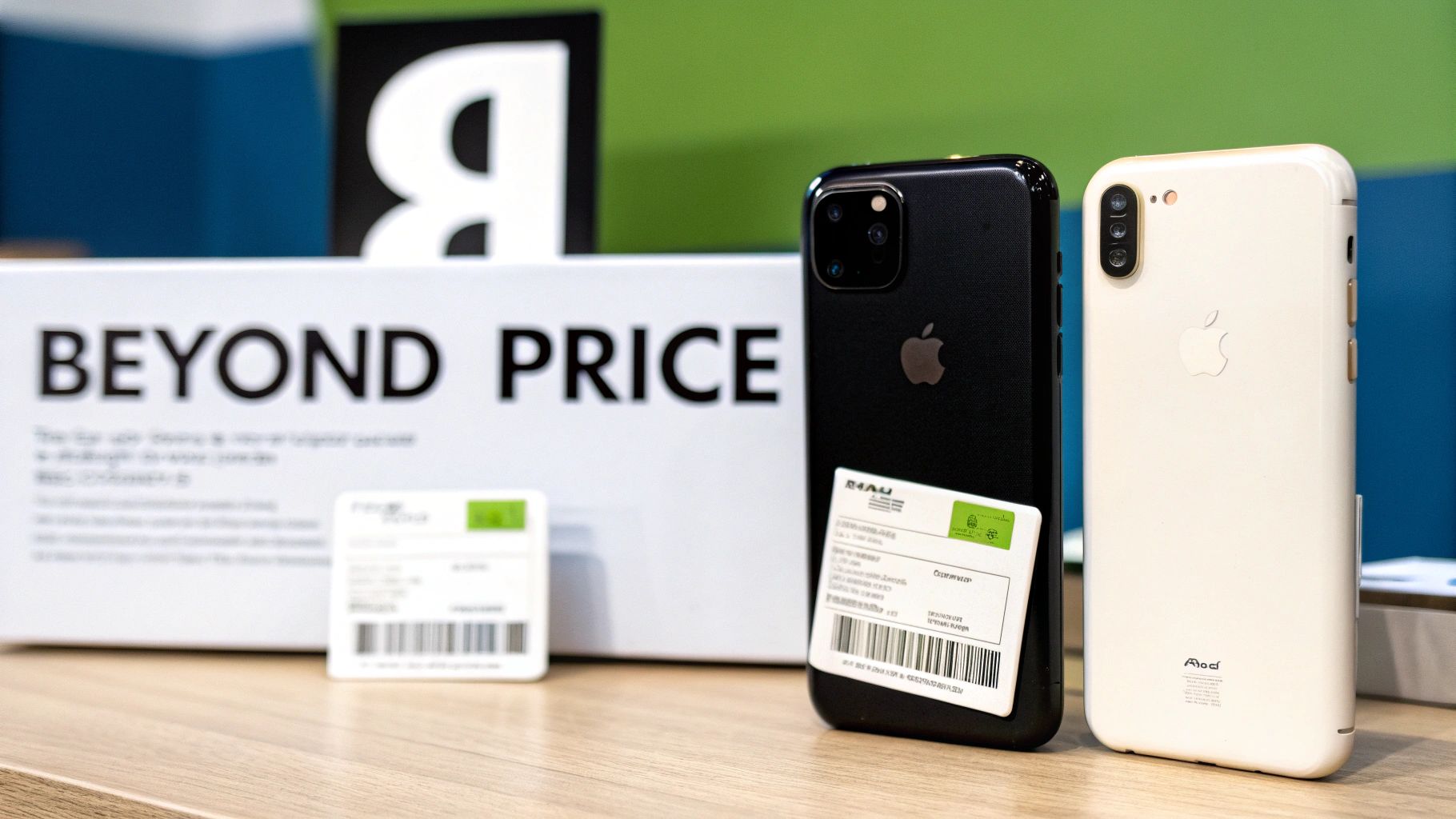 Two smartphones, one black and one cream, display labels with barcodes on a wooden table.