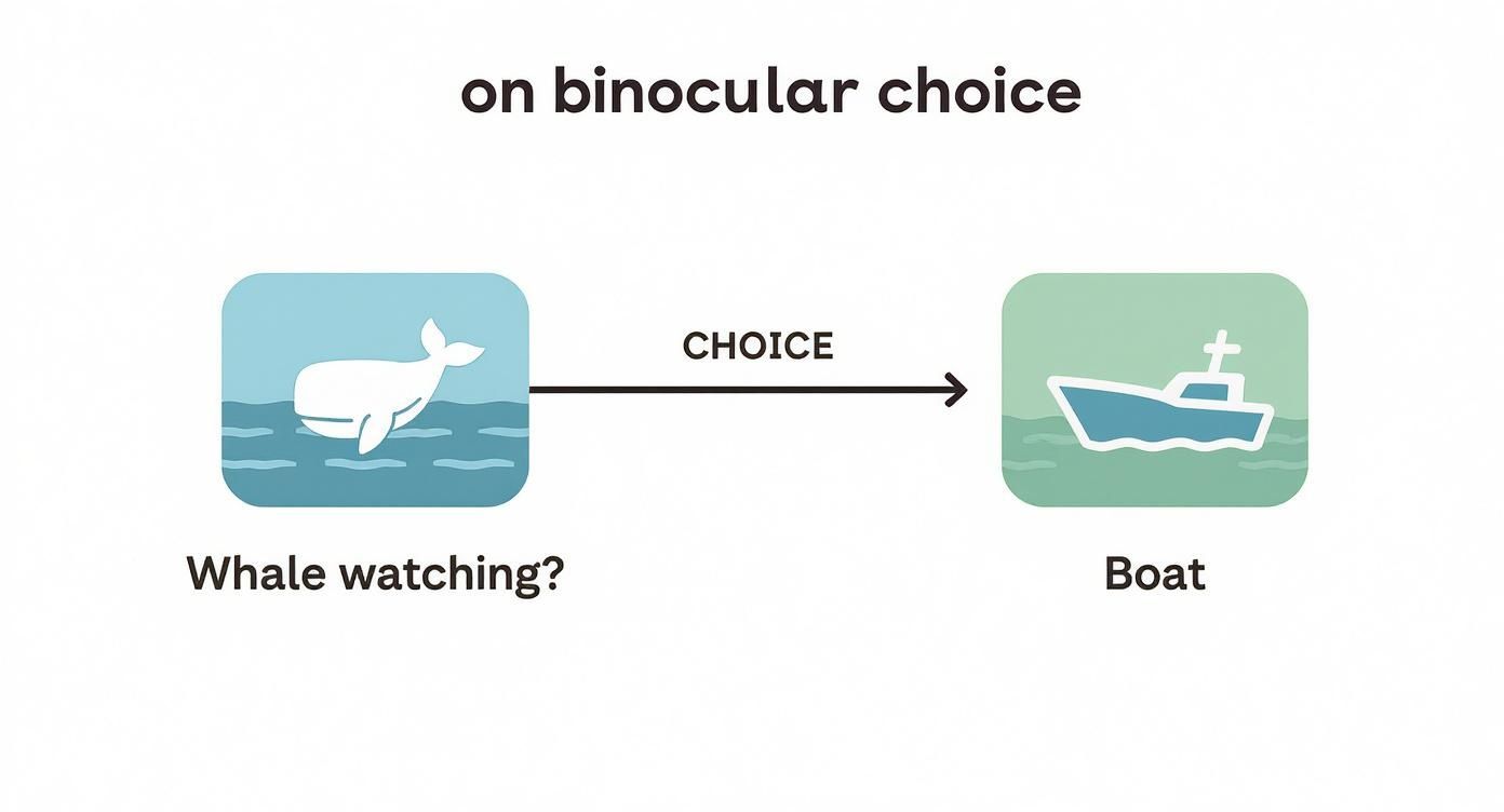 A visual diagram illustrating binocular choice, comparing whale watching and boat viewing options.