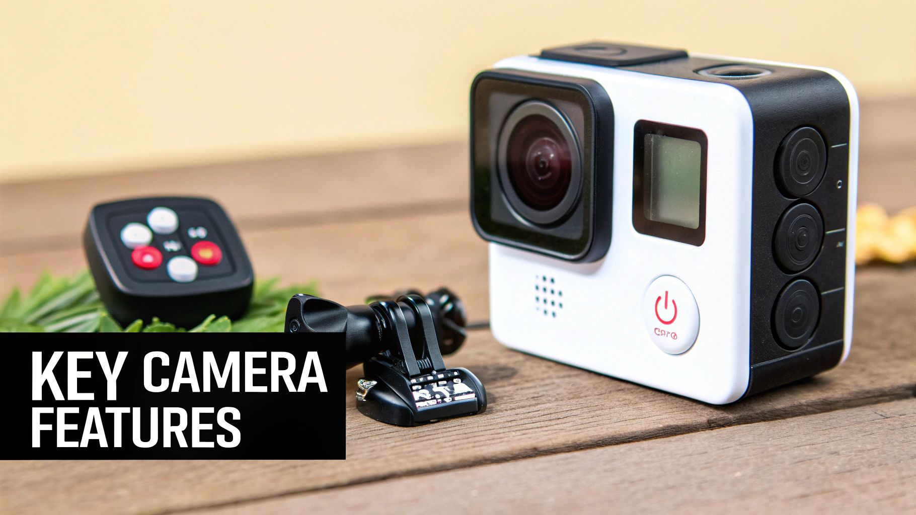 White and black action camera with remote control and mount on a wooden table.