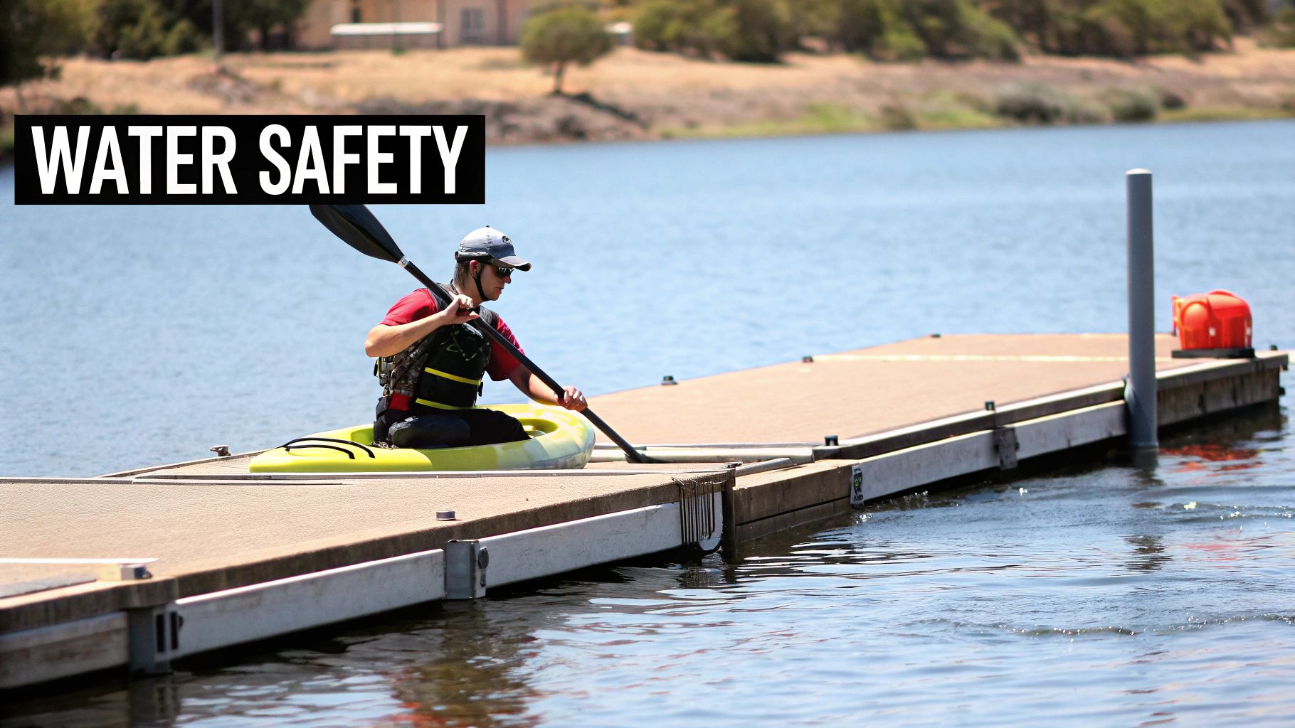 A person in a kayak with a life jacket paddles near a dock on a sunny day, with 'WATER SAFETY' text.