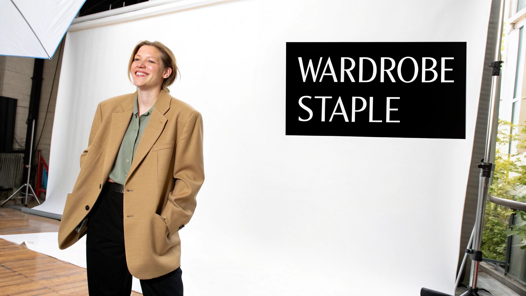 A smiling woman in an oversized tan blazer and green shirt stands in a studio.