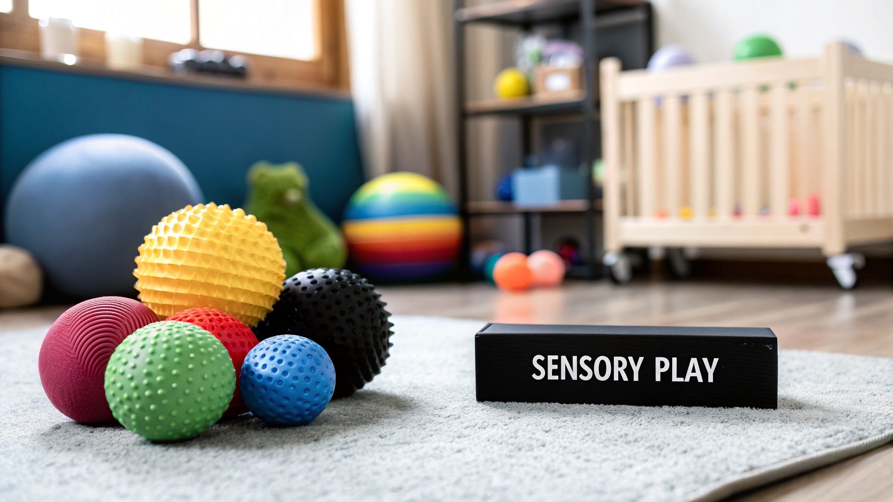 A 6-month-old baby plays with colorful soft blocks and sensory balls on a soft rug.