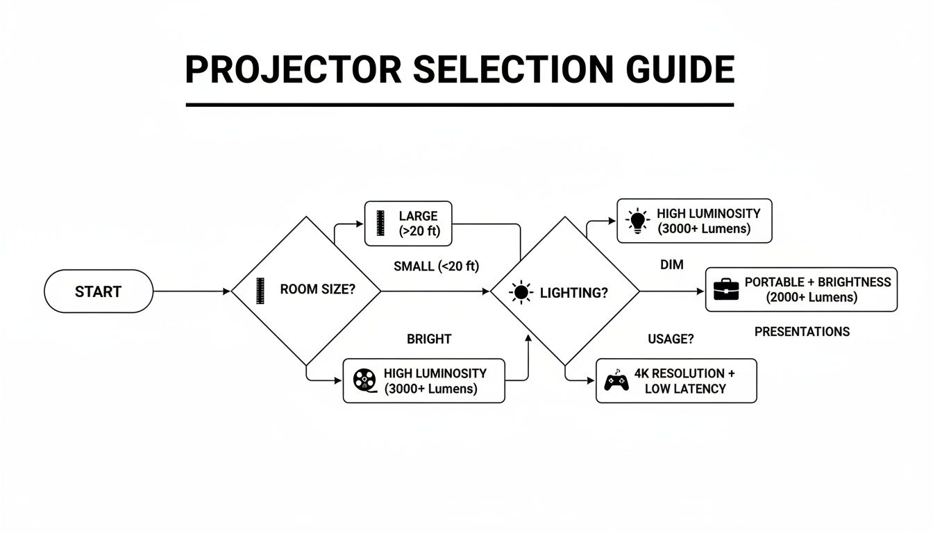 Flowchart guide for selecting a projector based on room size, lighting conditions, and usage requirements.