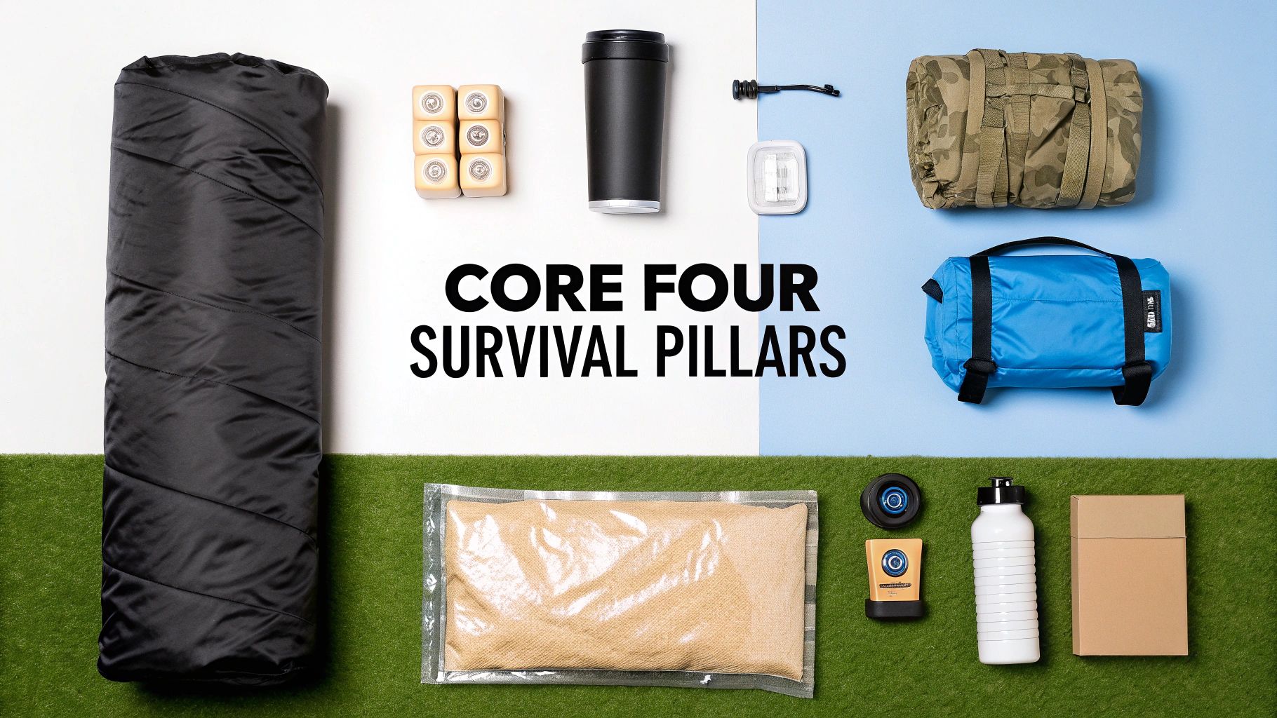 A flat lay of core four survival pillars gear including a sleeping bag, food, water, and tools.