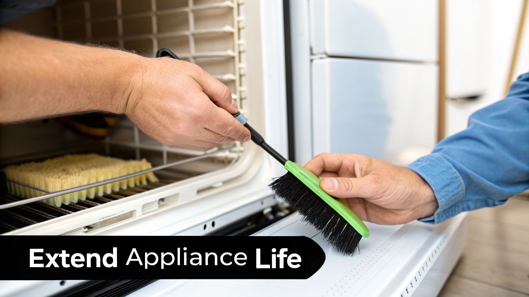 Close-up of hands cleaning a white household appliance with brushes to extend its lifespan.