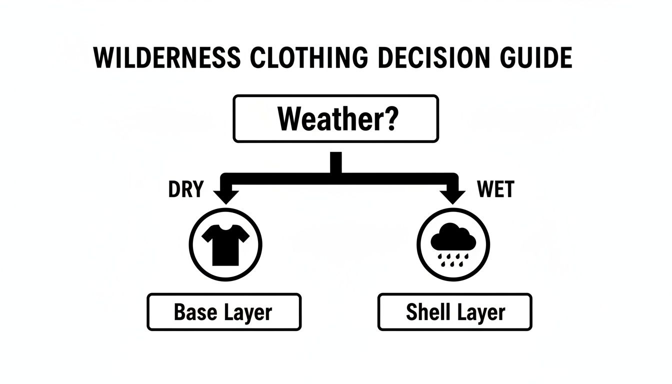 A wilderness clothing decision guide flowchart recommending a base layer for dry weather and a shell layer for wet weather.