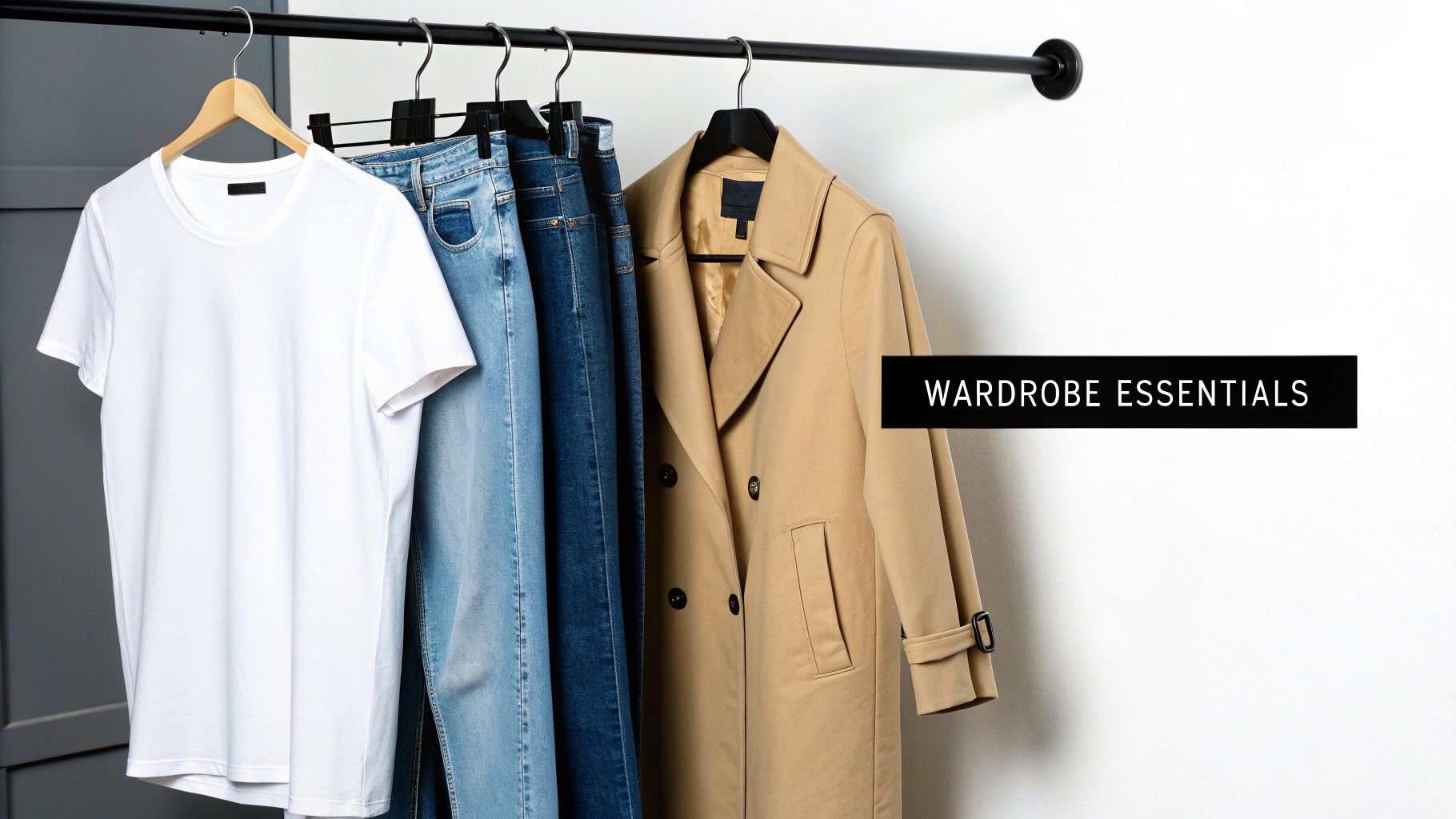 A rack of classic wardrobe essentials, including a white t-shirt, blue jeans, and a beige trench coat.