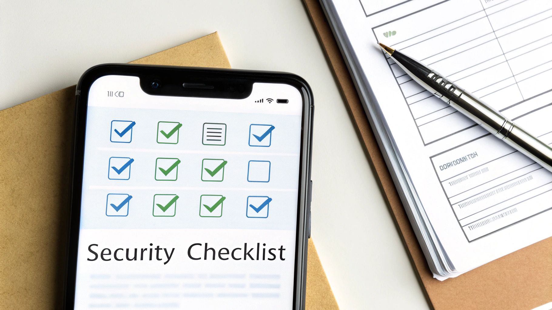 A smartphone displays a 'Security Checklist' app with blue and green checked boxes, next to a pen and notepad.