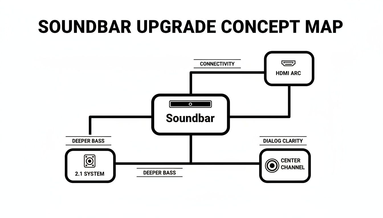 A concept map illustrating soundbar upgrade options for connectivity, deeper bass, and dialog clarity.