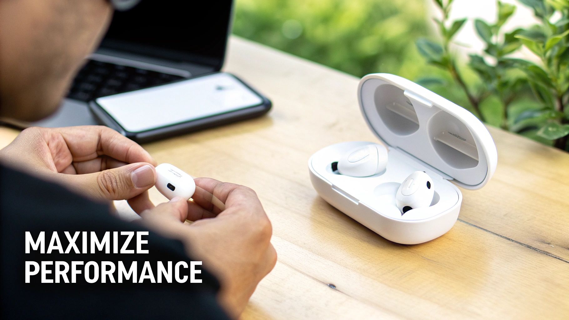 Hands hold a white wireless earbud, with its charging case on a wooden table next to a laptop.