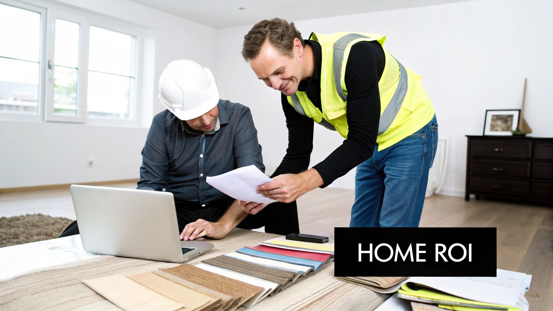 Two men, a contractor and a worker, discuss home renovation plans with a laptop and material samples.