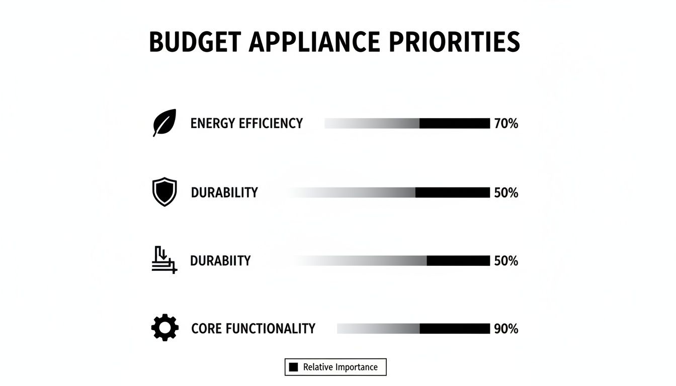A bar chart illustrating budget appliance priorities, showing energy efficiency, durability, and core functionality importance.