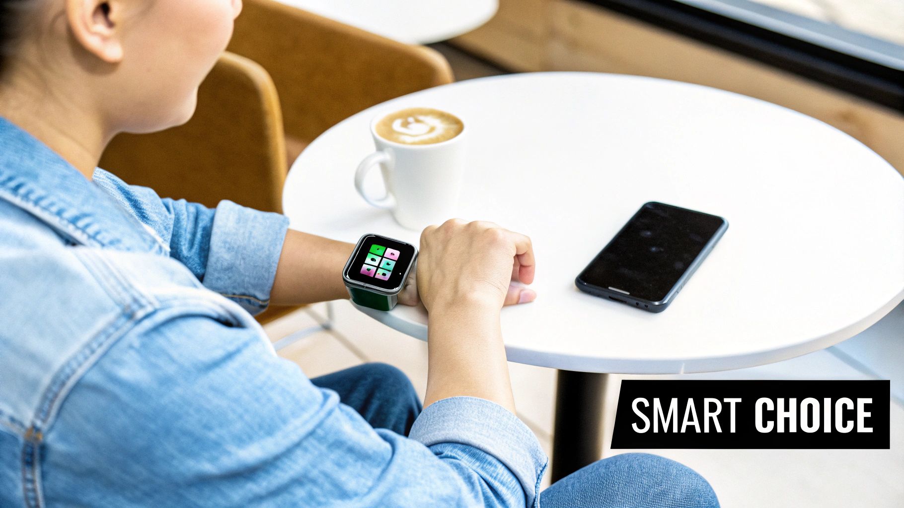 A person wears a green smart watch while sitting at a table with coffee and a smartphone.