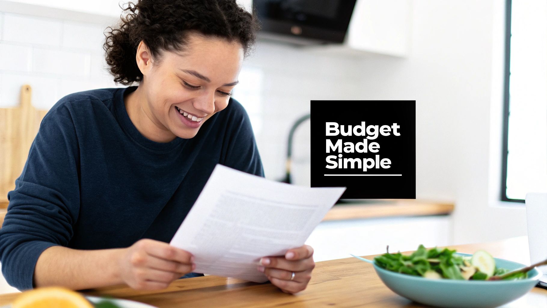 A smiling woman reviews budget documents at a wooden table with a "Budget Made Simple" logo.