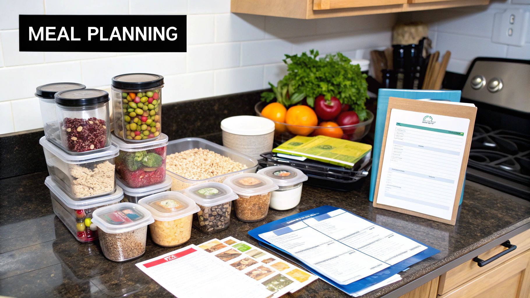 A family meal planning at a table with groceries