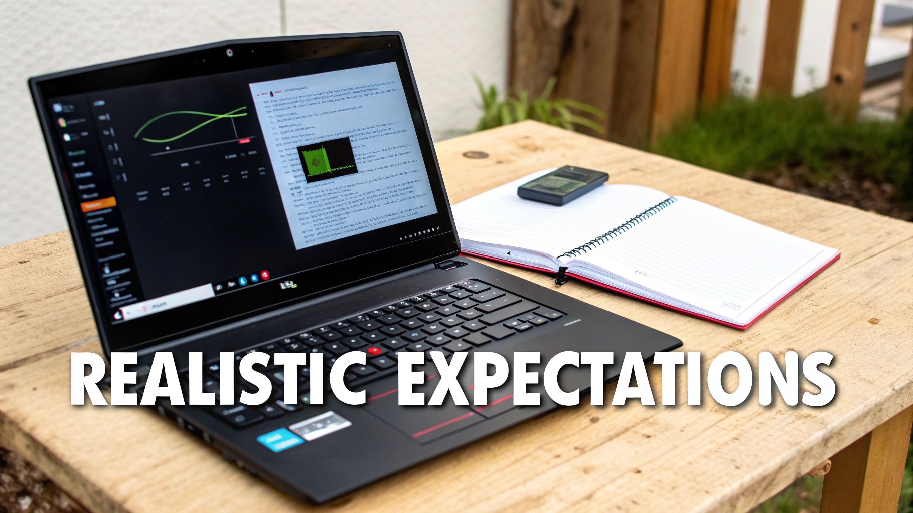 A black laptop displaying graphs, an open notebook, and a smartphone on a rustic wooden table.