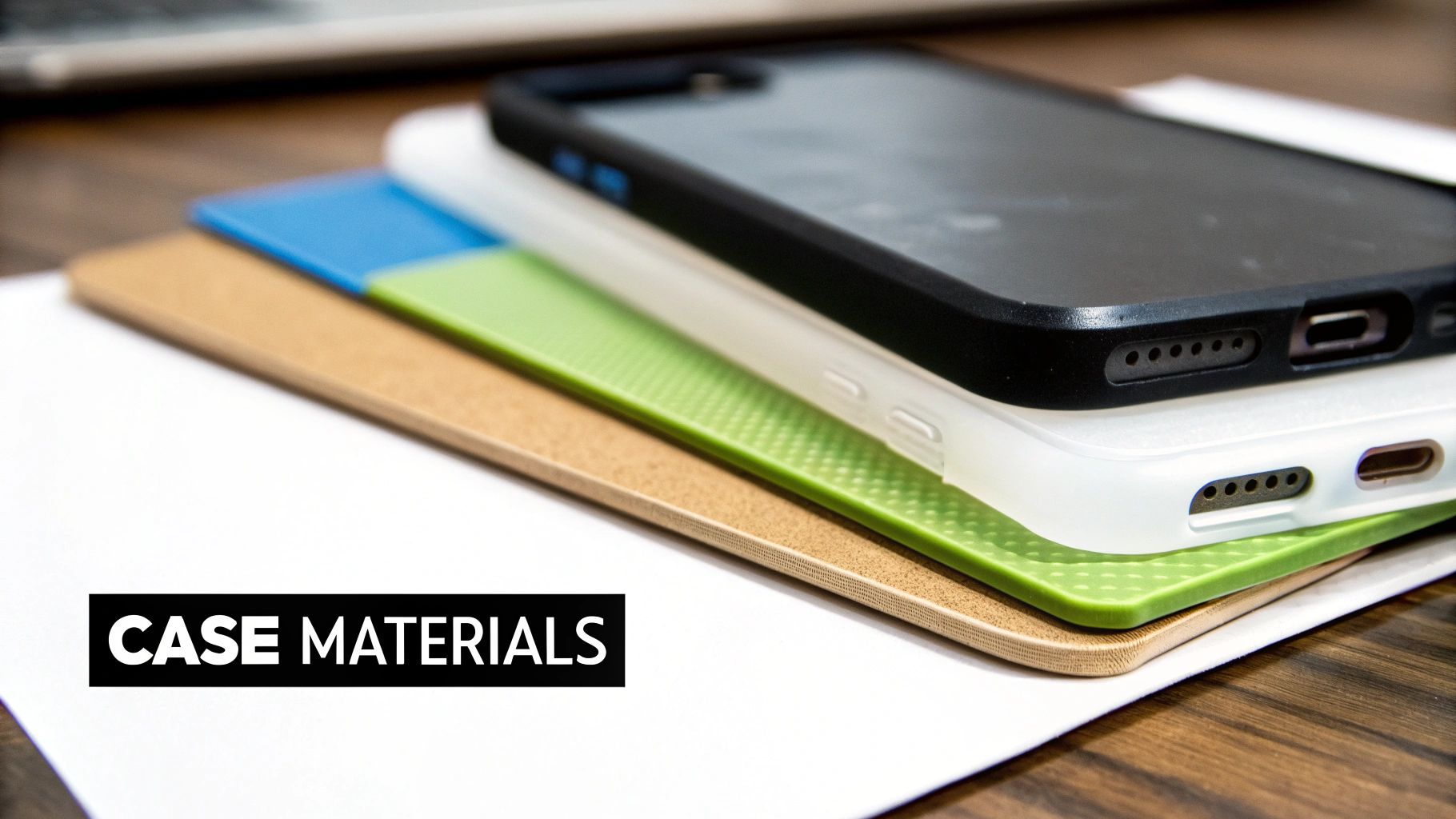 A close-up shot of multiple phone cases stacked, showcasing various colors and materials like black, white, green, blue, and brown.