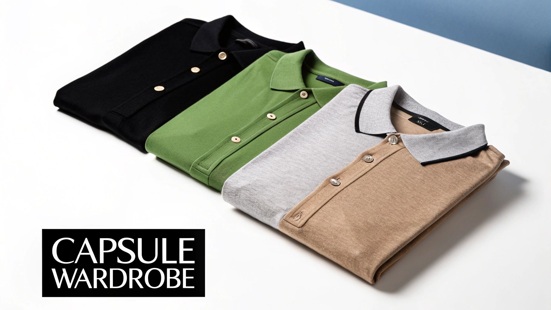 A minimalist travel capsule wardrobe laid out on a bed, showing how different pieces can be mixed and matched.