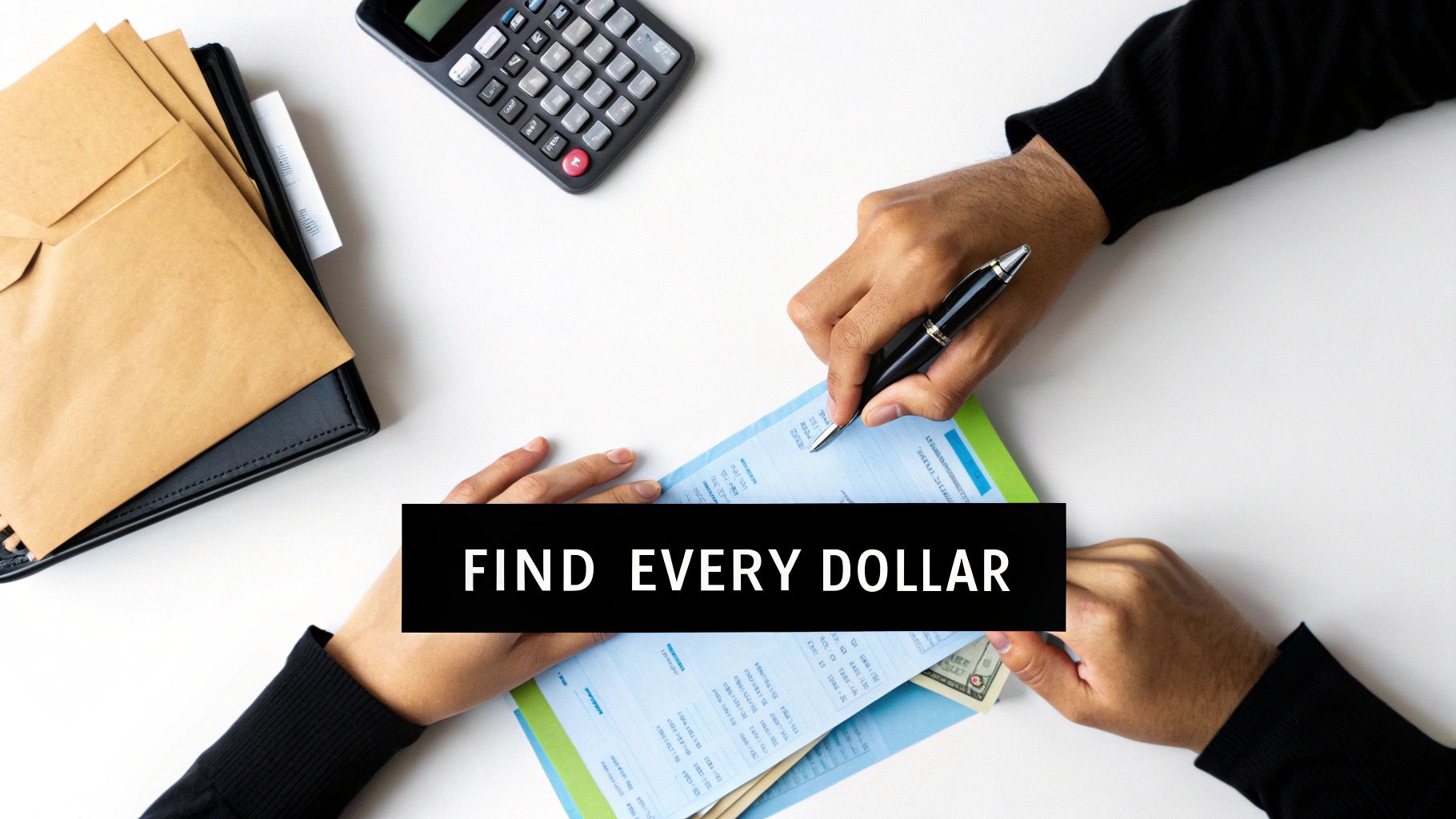 Two people managing finances, reviewing documents, with a calculator, envelopes, and money on a white desk.