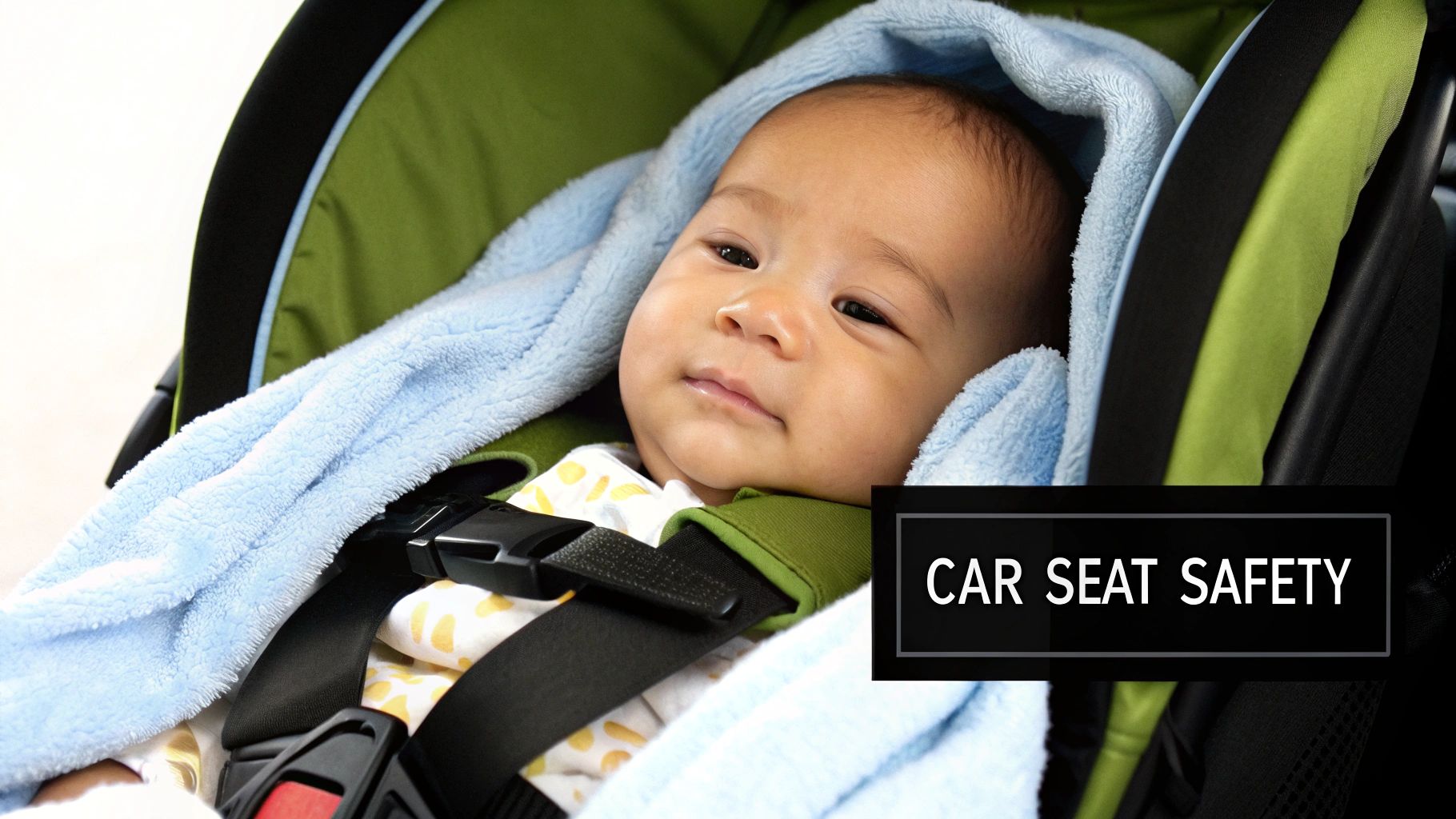 Close-up of a content baby in a car seat, covered by a blue blanket, with 'CAR SEAT SAFETY' text.