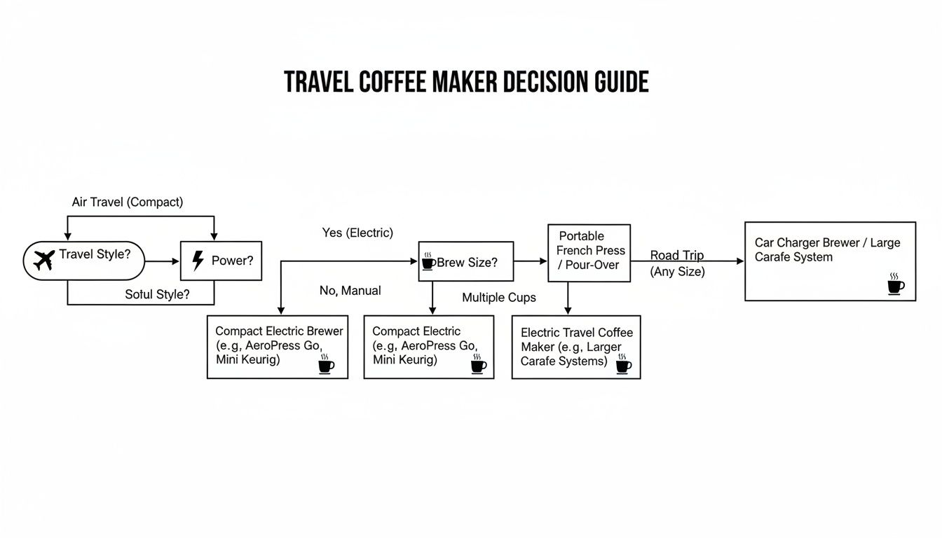 A flowchart guiding the selection of a travel coffee maker based on travel style, power, and brew size.