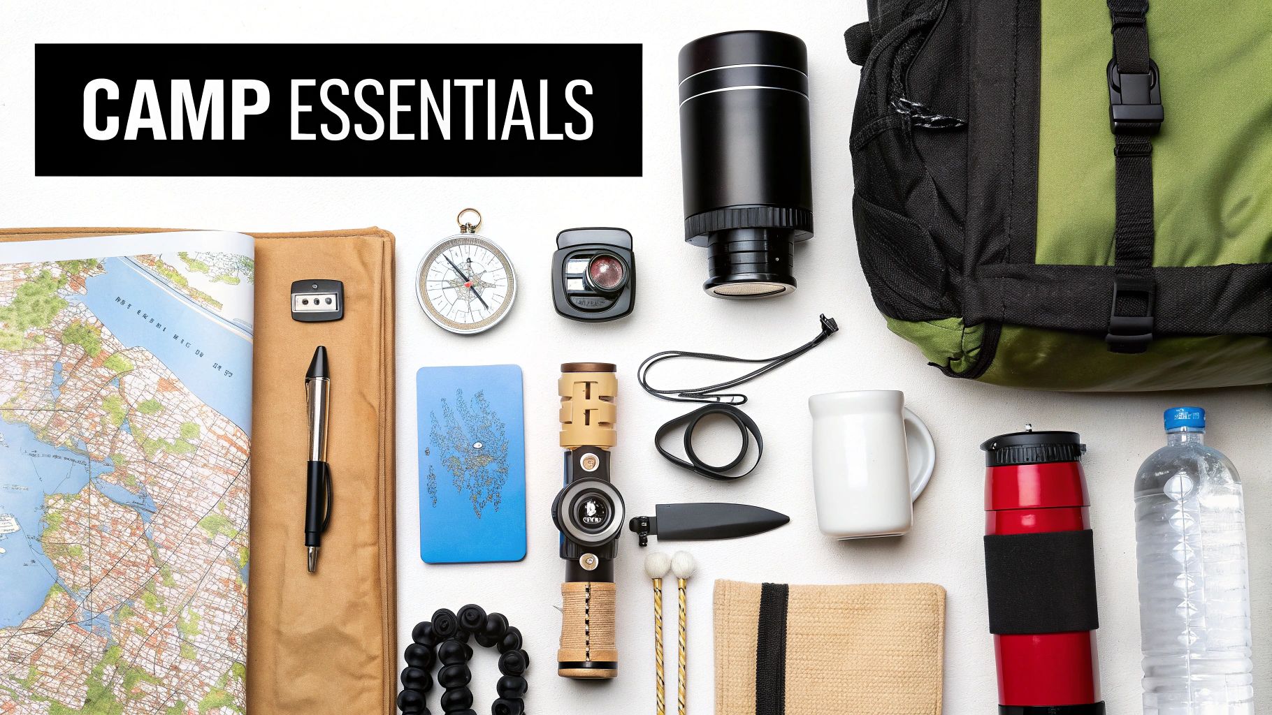 A flat lay of various camping essentials including a backpack, map, compass, water bottle, and other gear.