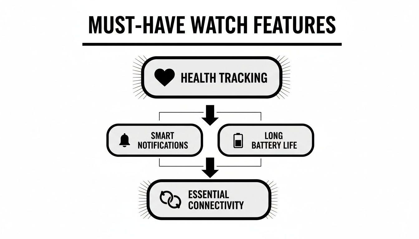 Flowchart showing essential smartwatch features including health tracking, smart notifications, battery life, and connectivity.