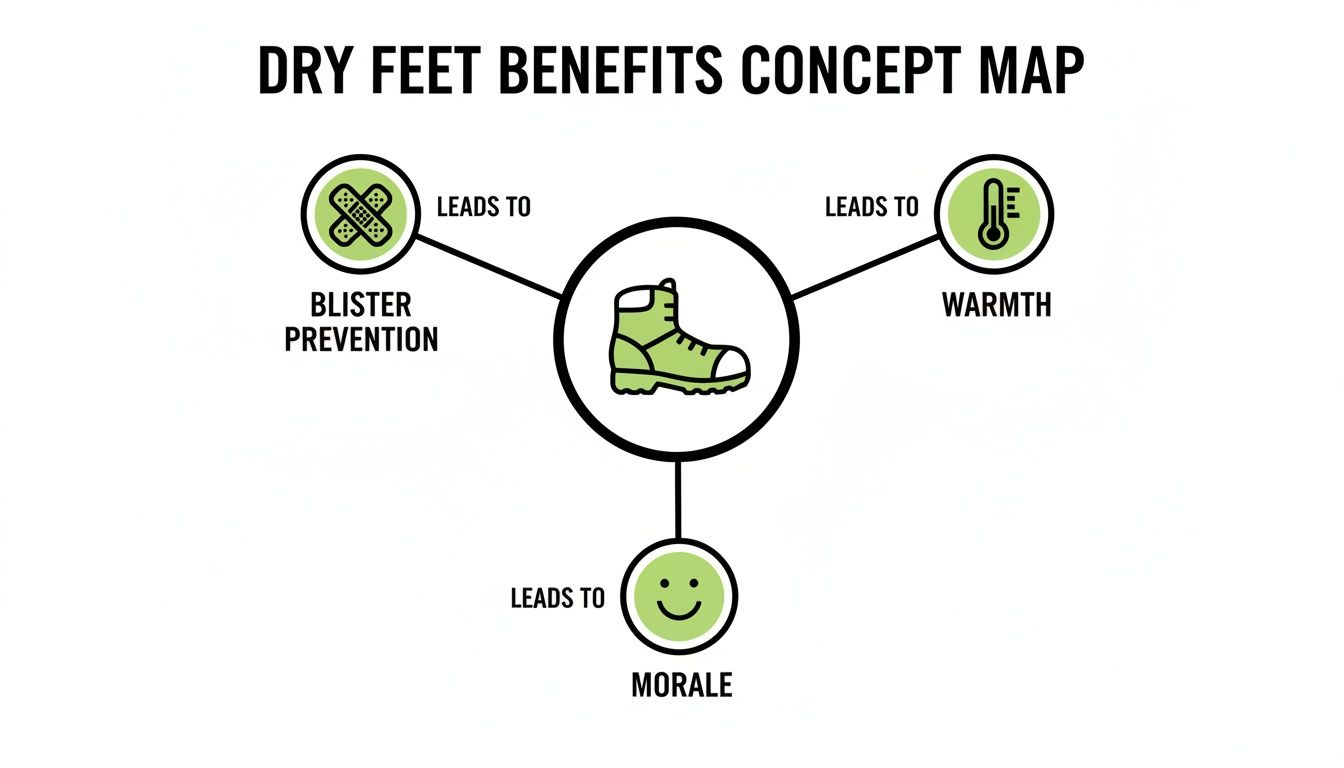 Concept map illustrating the benefits of dry feet, showing blister prevention, warmth, and improved morale.