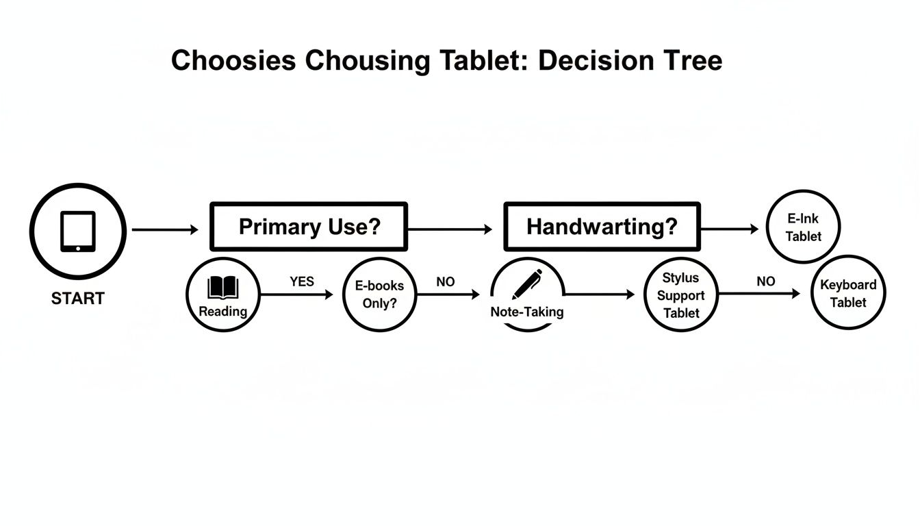A decision tree flowchart guides users through choosing a tablet based on primary use and handwriting needs.