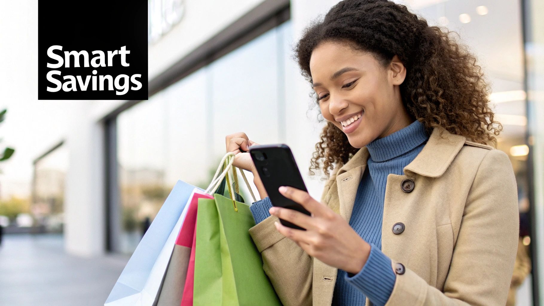 A person smiling confidently with a shopping bag, having saved money using alerts.