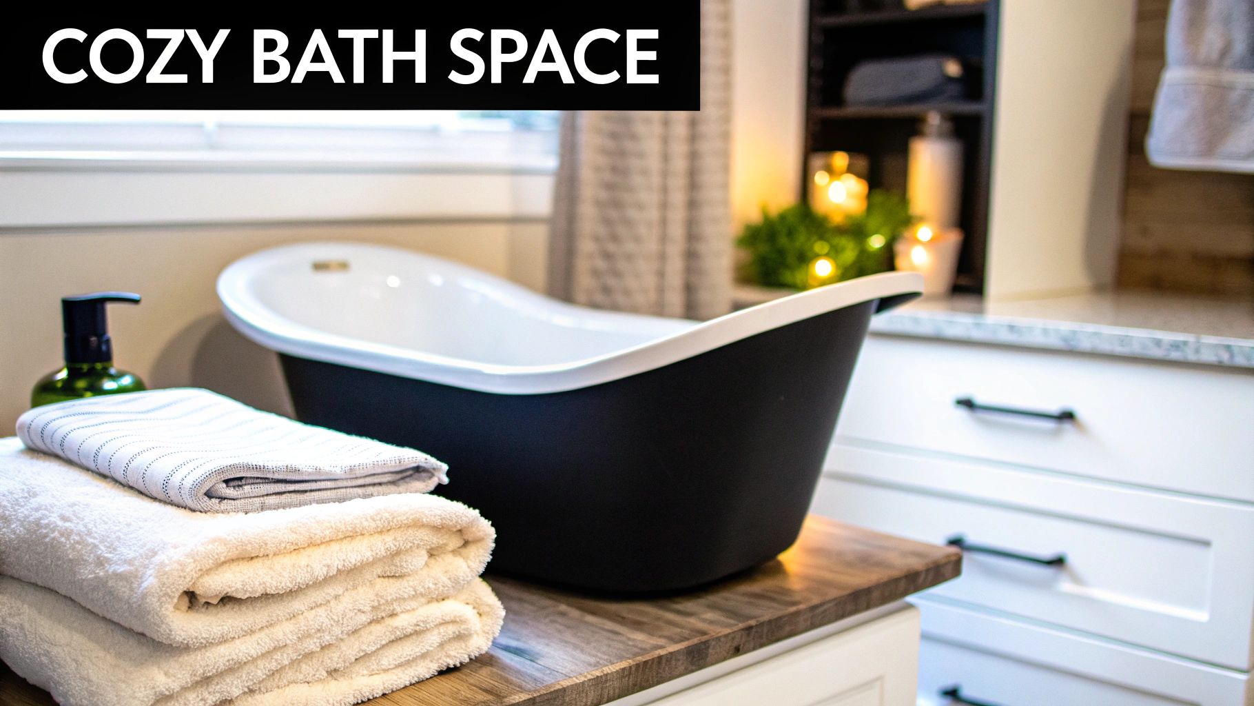 A cozy bathroom with a black and white freestanding tub, stacked towels, and ambient lighting.