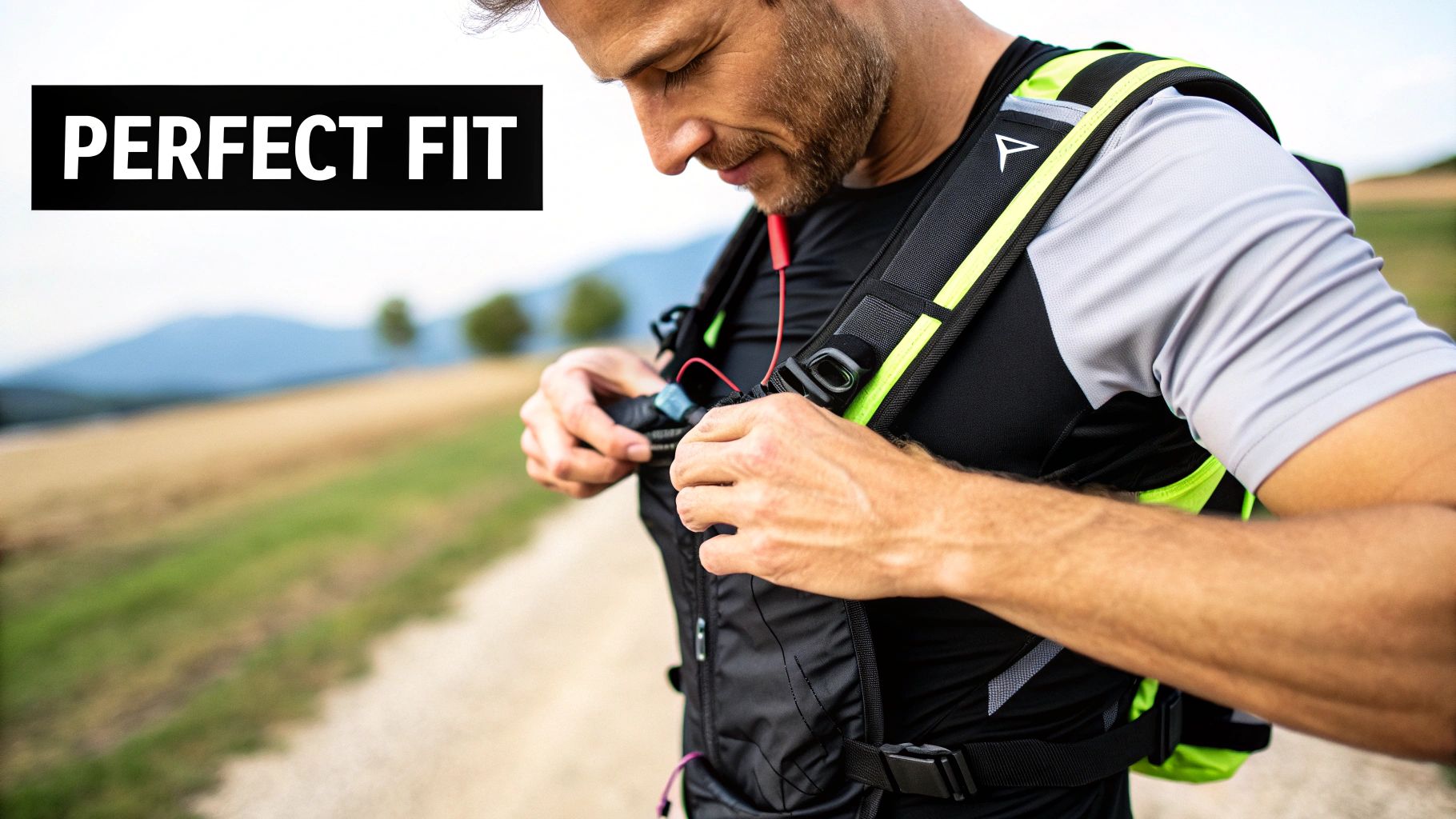 Male trail runner adjusting his black and neon yellow hydration pack for a perfect fit outdoors.