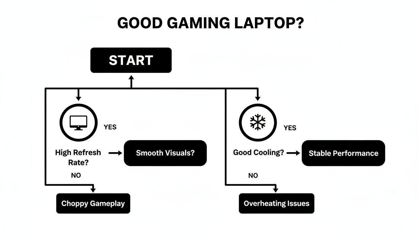 Flowchart illustrating factors for a good gaming laptop: high refresh rate for smooth visuals, good cooling for stable performance.