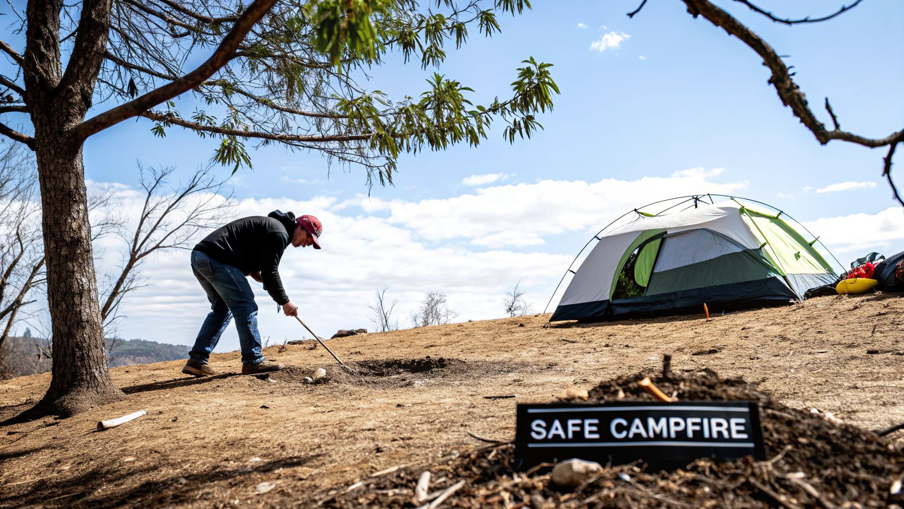 A person prepares a safe campfire spot near a camping tent under a blue sky.