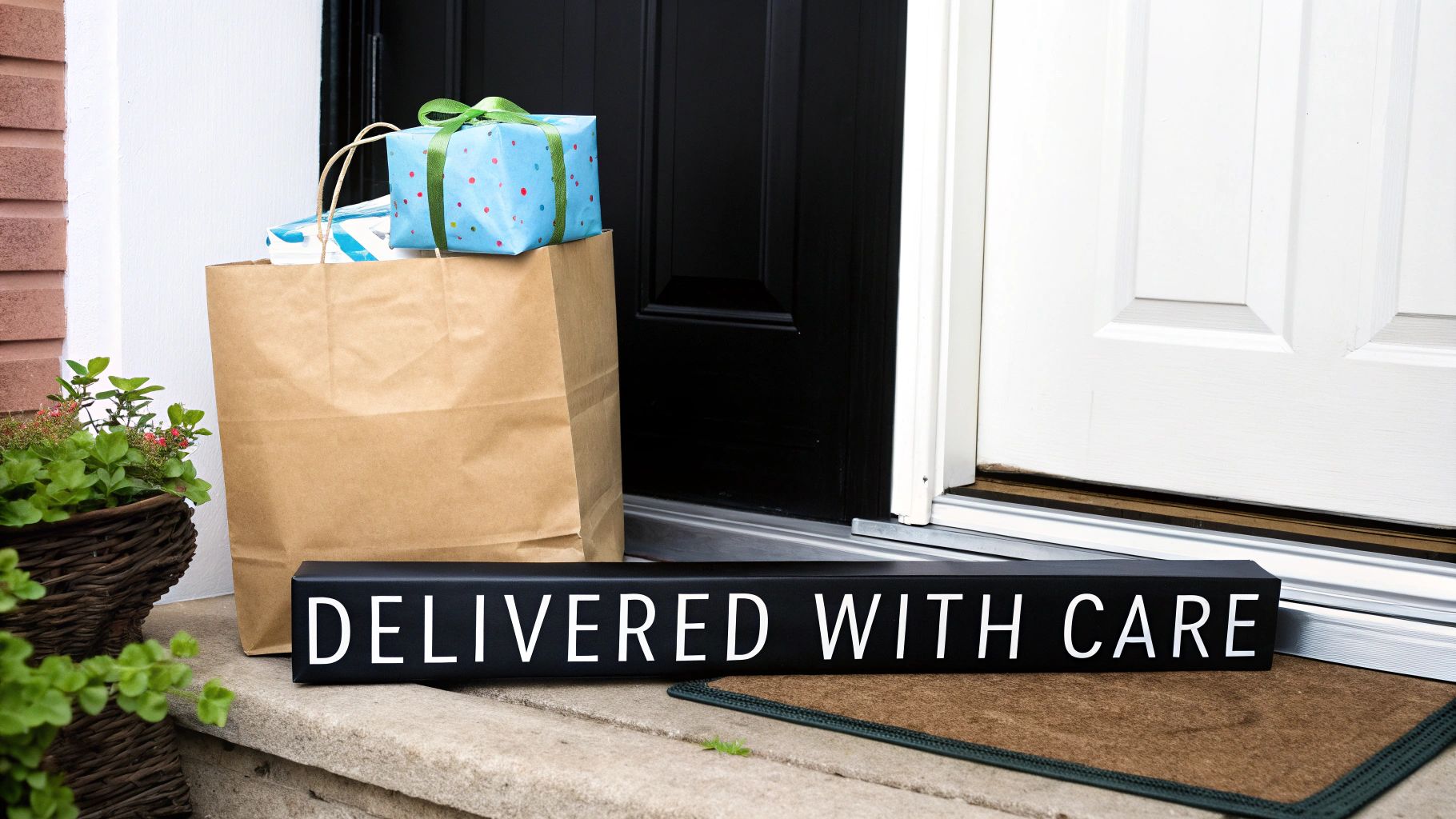 A brown paper bag and a polka-dotted gift with green ribbon on a doorstep with a 'DELIVERED WITH CARE' sign.