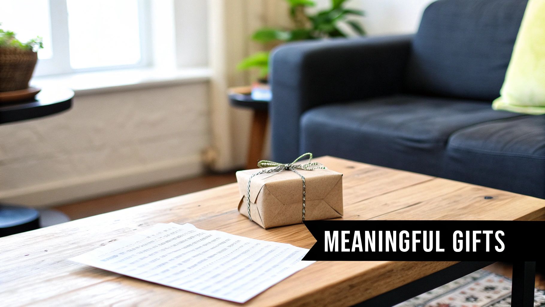 A brown wrapped gift box with green string on a wooden coffee table, with a sofa in the background.