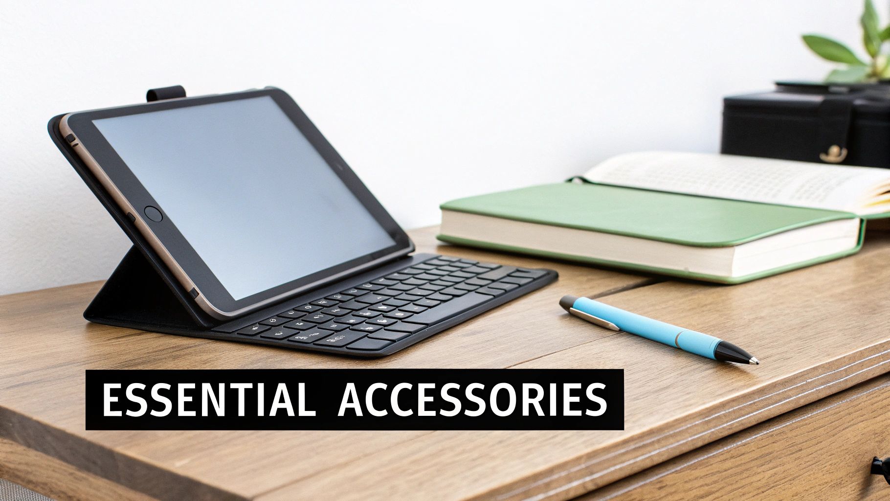 Essential accessories for modern work: a tablet with keyboard, a pen, and green books on a wooden desk.