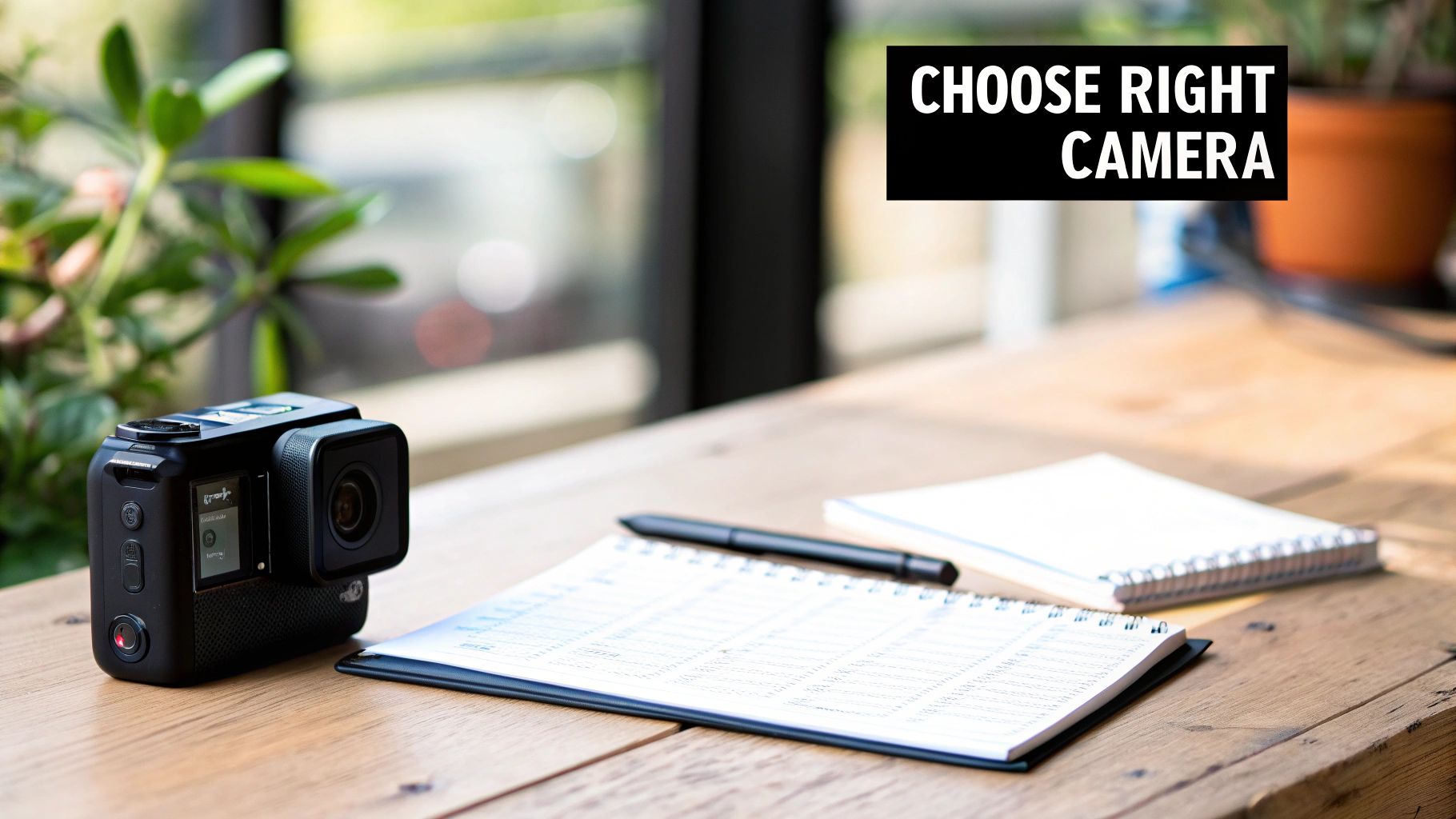 A black action camera on a wooden desk with a notebook, pen, and 'CHOOSE RIGHT CAMERA' text.