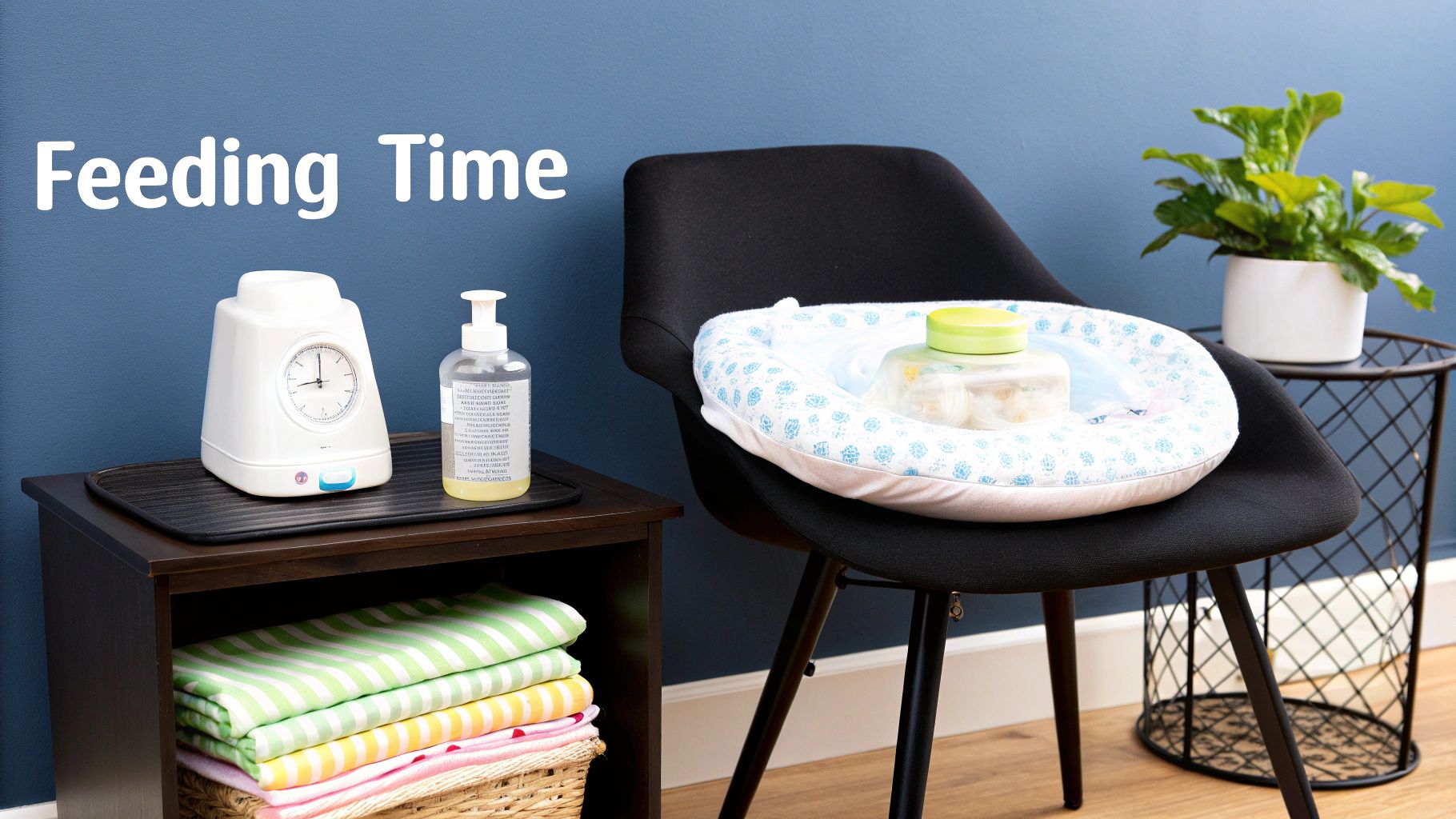 A baby feeding setup with a bottle warmer, pump bottle, feeding pillow, and colorful blankets.