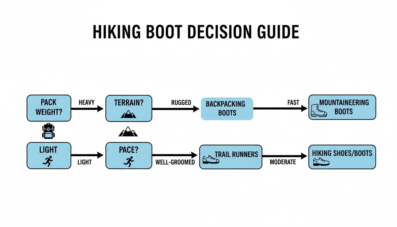 Flowchart guiding hiking boot selection based on pack weight, terrain, and pace for different activities.