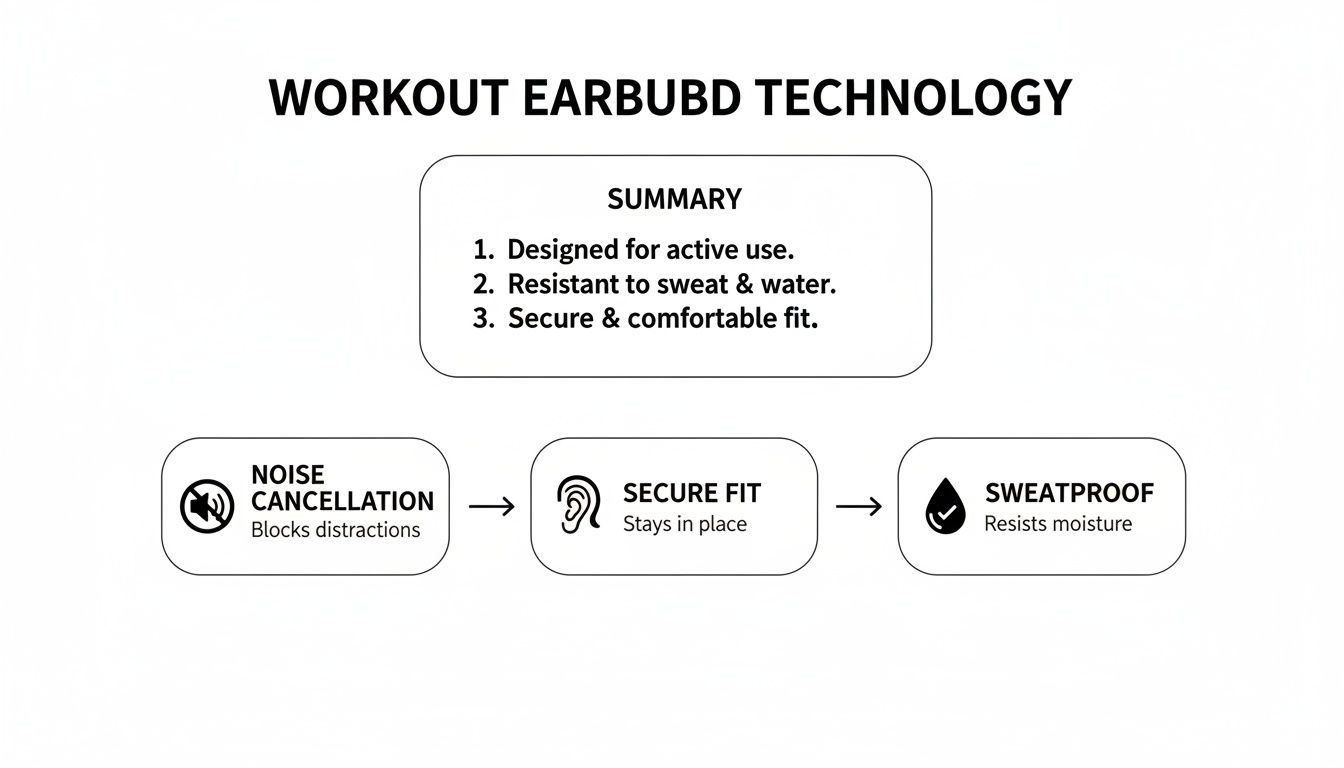 Diagram showing workout earbud technology features including noise cancellation, secure fit, and sweat resistance.