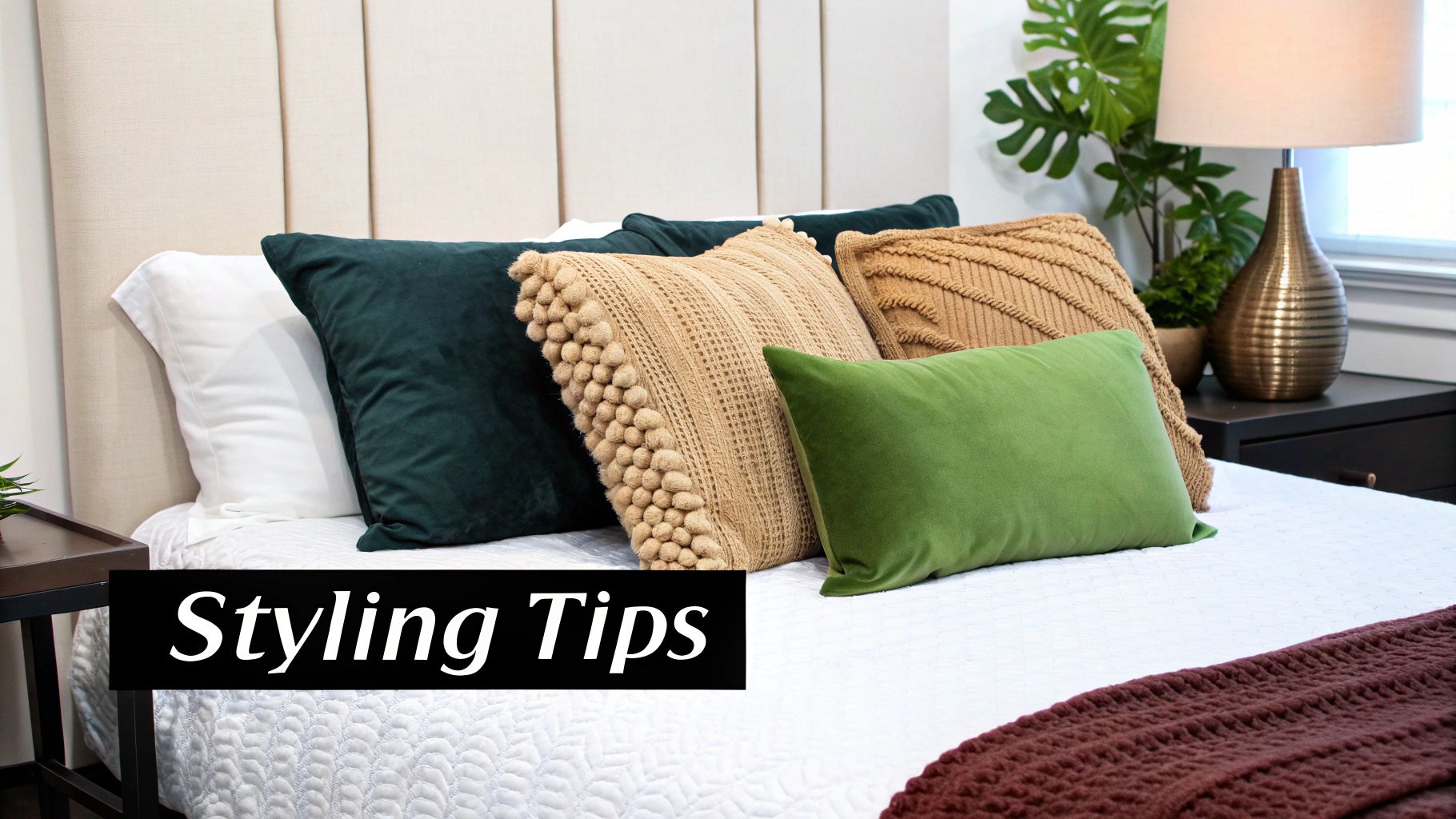 A neatly styled bed featuring various green and tan textured pillows on white bedding.