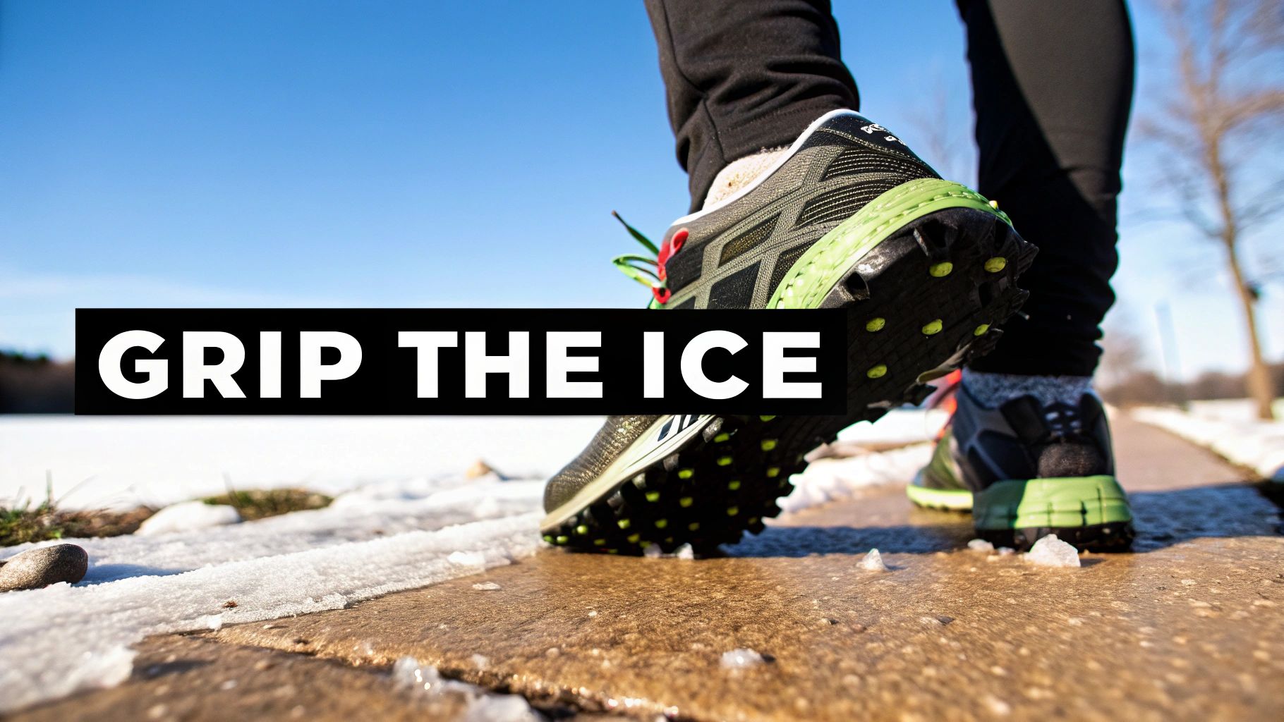 Close-up of winter running shoes with aggressive treads gripping an icy path under a clear blue sky.