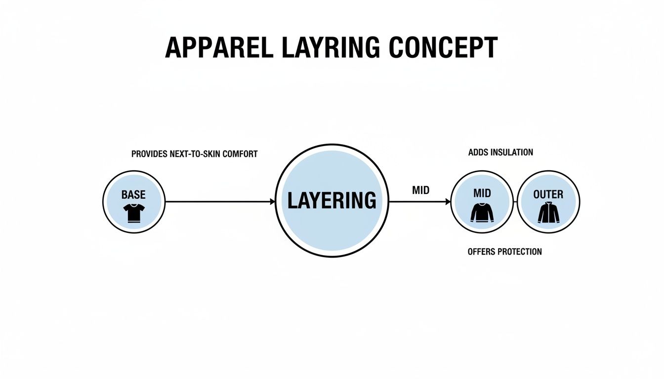 Diagram illustrating the apparel layering concept with base, mid, and outer layers for comfort, insulation, and protection.
